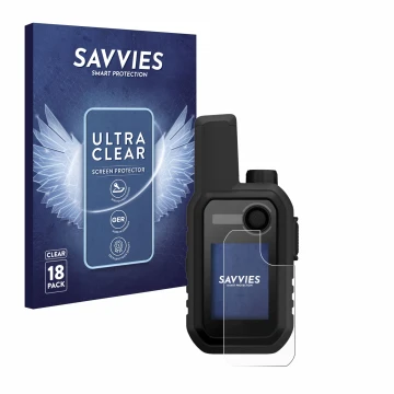Vorderseite einer Produktverpackung mit dem Markenlogo Savvies. Daneben ist das Gerät Garmin Alpha 10 K mit dem zugehörigen Di