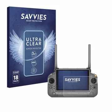 Vorderseite einer Produktverpackung mit dem Markenlogo Savvies. Daneben ist das Gerät DJI RC Plus mit dem zugehörigen Displays