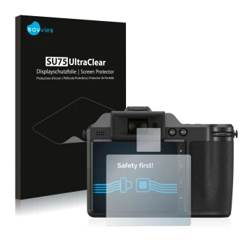 Vorderseite einer Produktverpackung mit dem Markenlogo Savvies. Daneben ist das Gerät Hasselblad X2D 100C mit dem zugehörigen 