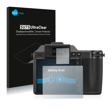Vorderseite einer Produktverpackung mit dem Markenlogo Savvies. Daneben ist das Gerät Fujifilm X-H2 mit dem zugehörigen Displa
