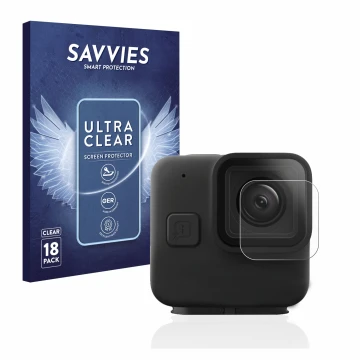 Vorderseite einer Produktverpackung mit dem Markenlogo Savvies. Daneben ist das Gerät GoPro Hero 11 mini Linse (Gehäuse) mit d
