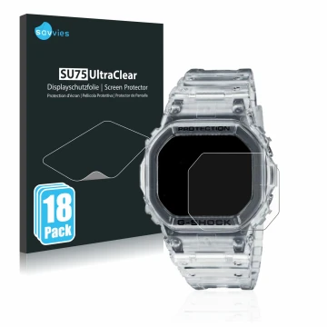 Vorderseite einer Produktverpackung mit dem Markenlogo Savvies. Daneben ist das Gerät Casio G-Shock DW-5600SKE-7 mit dem zugeh
