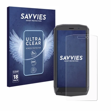 Vorderseite einer Produktverpackung mit dem Markenlogo Savvies. Daneben ist das Gerät Cubot Pocket mit dem zugehörigen Display
