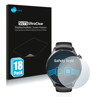 Vorderseite einer Produktverpackung mit dem Markenlogo Savvies. Daneben ist das Gerät Xiaomi Watch S1 Pro mit dem zugehörigen 