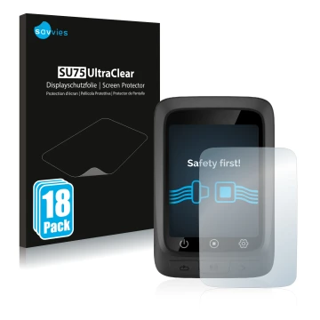 Vorderseite einer Produktverpackung mit dem Markenlogo Savvies. Daneben ist das Gerät CooSpo BC107 mit dem zugehörigen Display