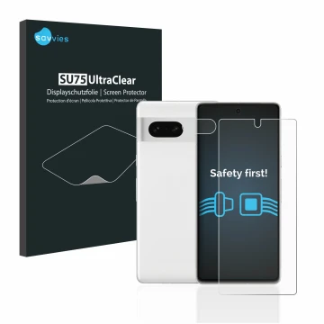 Vorderseite einer Produktverpackung mit dem Markenlogo Savvies. Daneben ist das Gerät Google Pixel 7 (Display+Kamera) mit dem 