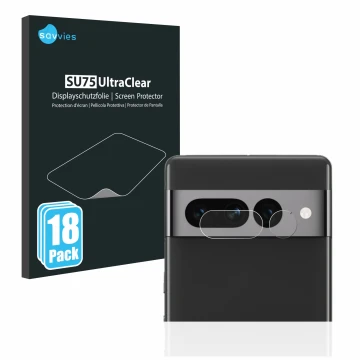 Vorderseite einer Produktverpackung mit dem Markenlogo Savvies. Daneben ist das Gerät Google Pixel 7 Pro (NUR Kameraschutz) mi