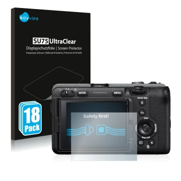 Vorderseite einer Produktverpackung mit dem Markenlogo Savvies. Daneben ist das Gerät Sony Alpha FX30 Cinema Line mit dem zuge