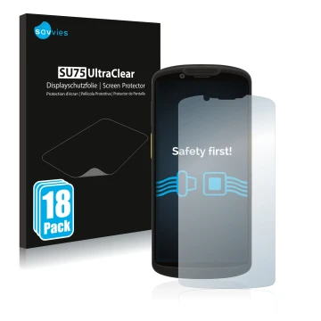 Vorderseite einer Produktverpackung mit dem Markenlogo Savvies. Daneben ist das Gerät Zebra TC58 mit dem zugehörigen Displaysc