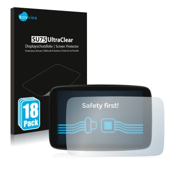 Vorderseite einer Produktverpackung mit dem Markenlogo Savvies. Daneben ist das Gerät TomTom GO Camper Max mit dem zugehörigen