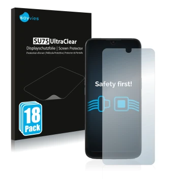 Vorderseite einer Produktverpackung mit dem Markenlogo Savvies. Daneben ist das Gerät Doro 8100 PLUS mit dem zugehörigen Displ