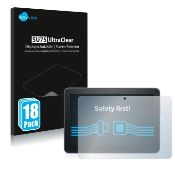 Vorderseite einer Produktverpackung mit dem Markenlogo Savvies. Daneben ist das Gerät Amazon Fire HD 8 2022 mit dem zugehörige