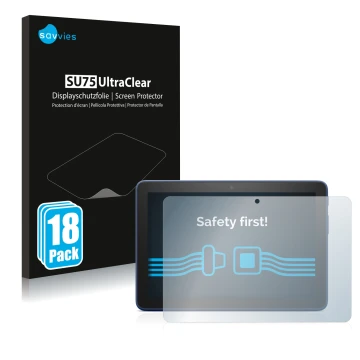 Vorderseite einer Produktverpackung mit dem Markenlogo Savvies. Daneben ist das Gerät Amazon Fire HD 8 Plus 2022 mit dem zugeh
