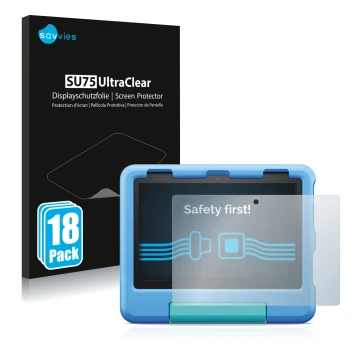 Vorderseite einer Produktverpackung mit dem Markenlogo Savvies. Daneben ist das Gerät Amazon Fire HD 8 Kids 2022 mit dem zugeh