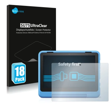 Vorderseite einer Produktverpackung mit dem Markenlogo Savvies. Daneben ist das Gerät Amazon Fire HD 8 Kids Pro 2022 mit dem z