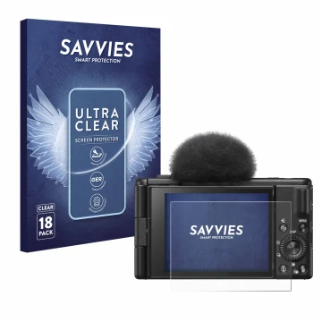 Vorderseite einer Produktverpackung mit dem Markenlogo Savvies. Daneben ist das Gerät Sony ZV-1F mit dem zugehörigen Displaysc