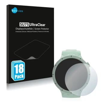 Vorderseite einer Produktverpackung mit dem Markenlogo Savvies. Daneben ist das Gerät Swatch Big Bold Bioceramic mit dem zugeh