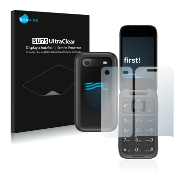 Vorderseite einer Produktverpackung mit dem Markenlogo Savvies. Daneben ist das Gerät Nokia 2660 Flip (Display+Rückseite) mit 