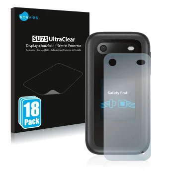 Vorderseite einer Produktverpackung mit dem Markenlogo Savvies. Daneben ist das Gerät Nokia 2660 Flip (Rückseite) mit dem zuge