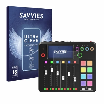 Vorderseite einer Produktverpackung mit dem Markenlogo Savvies. Daneben ist das Gerät Rode Rodecaster Pro II mit dem zugehörig