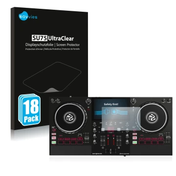 Vorderseite einer Produktverpackung mit dem Markenlogo Savvies. Daneben ist das Gerät Numark Mixstream Pro mit dem zugehörigen
