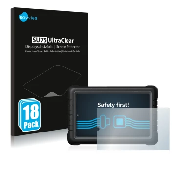 Vorderseite einer Produktverpackung mit dem Markenlogo Savvies. Daneben ist das Gerät Launch X-431 PROS V 8