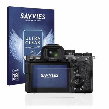 Vorderseite einer Produktverpackung mit dem Markenlogo Savvies. Daneben ist das Gerät Sony Alpha 7R V mit dem zugehörigen Disp