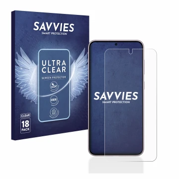 Vorderseite einer Produktverpackung mit dem Markenlogo Savvies. Daneben ist das Gerät Samsung Galaxy S23 mit dem zugehörigen D