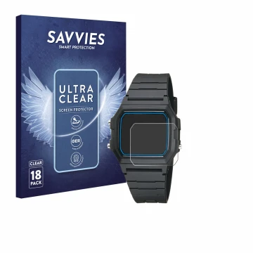 Vorderseite einer Produktverpackung mit dem Markenlogo Savvies. Daneben ist das Gerät Casio F-105W-1AWYEF mit dem zugehörigen 