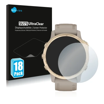 Vorderseite einer Produktverpackung mit dem Markenlogo Savvies. Daneben ist das Gerät Garmin Fenix 6S Pro Solar mit dem zugehö