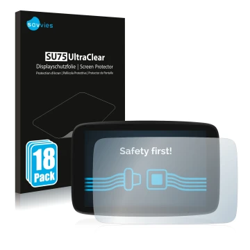 Vorderseite einer Produktverpackung mit dem Markenlogo Savvies. Daneben ist das Gerät TomTom GO Exclusive mit dem zugehörigen 