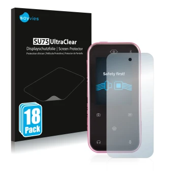 Vorderseite einer Produktverpackung mit dem Markenlogo Savvies. Daneben ist das Gerät Vtech Kidizoom Snap Touch mit dem zugehö