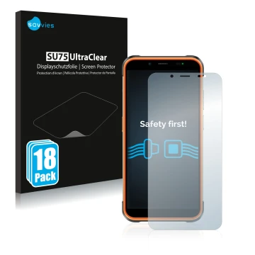 Vorderseite einer Produktverpackung mit dem Markenlogo Savvies. Daneben ist das Gerät Ulefone Power Armor 16 Pro mit dem zugeh