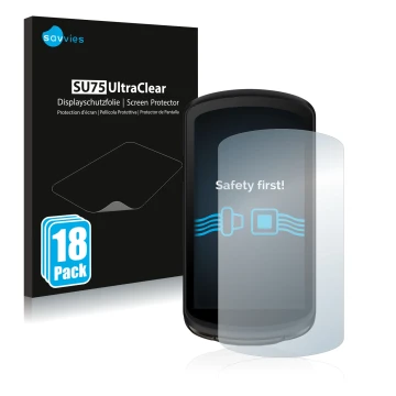 Vorderseite einer Produktverpackung mit dem Markenlogo Savvies. Daneben ist das Gerät Garmin Edge 1040 Solar mit dem zugehörig