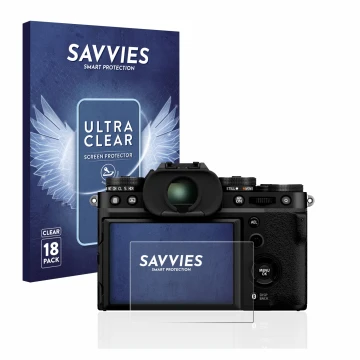 Vorderseite einer Produktverpackung mit dem Markenlogo Savvies. Daneben ist das Gerät Fujifilm X-T5 mit dem zugehörigen Displa