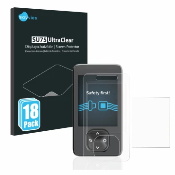 Vorderseite einer Produktverpackung mit dem Markenlogo Savvies. Daneben ist das Gerät Dexcom G7 CGM mit dem zugehörigen Displa