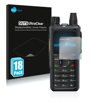 Vorderseite einer Produktverpackung mit dem Markenlogo Savvies. Daneben ist das Gerät Hytera HP 685 mit dem zugehörigen Displa