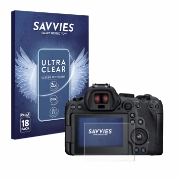 Vorderseite einer Produktverpackung mit dem Markenlogo Savvies. Daneben ist das Gerät Canon EOS R6 Mark II mit dem zugehörigen