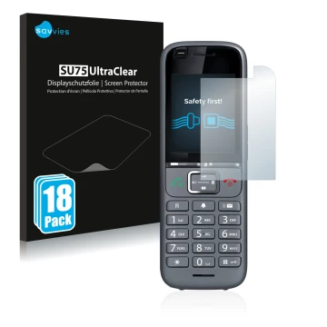 Vorderseite einer Produktverpackung mit dem Markenlogo Savvies. Daneben ist das Gerät Gigaset S700H PRO mit dem zugehörigen Di