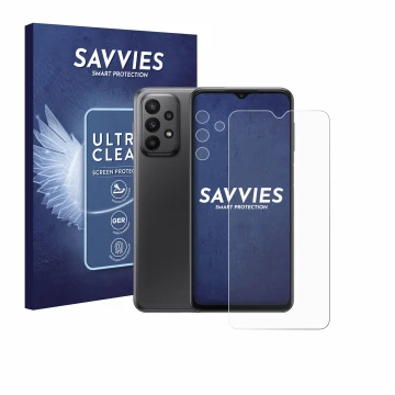 Vorderseite einer Produktverpackung mit dem Markenlogo Savvies. Daneben ist das Gerät Samsung Galaxy A23 5G (Display+Kamera) m