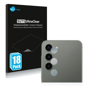 Vorderseite einer Produktverpackung mit dem Markenlogo Savvies. Daneben ist das Gerät Samsung Galaxy S23 (NUR Kameraschutz) mi