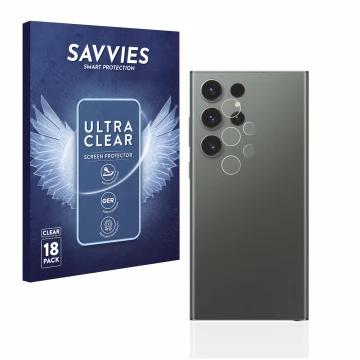 Vorderseite einer Produktverpackung mit dem Markenlogo Savvies. Daneben ist das Gerät Samsung Galaxy S23 Ultra (NUR Kameraschu