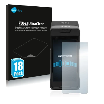 Vorderseite einer Produktverpackung mit dem Markenlogo Savvies. Daneben ist das Gerät myPOS Carbon mit dem zugehörigen Display