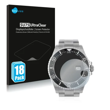 Vorderseite einer Produktverpackung mit dem Markenlogo Savvies. Daneben ist das Gerät Rolex Sea-Dweller 43mm (Date) mit dem zu