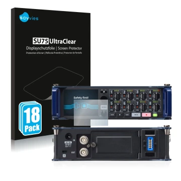 Vorderseite einer Produktverpackung mit dem Markenlogo Savvies. Daneben ist das Gerät Zoom F8 field recorder mit dem zugehörig