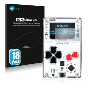 Vorderseite einer Produktverpackung mit dem Markenlogo Savvies. Daneben ist das Gerät Arduboy FX mit dem zugehörigen Displaysc
