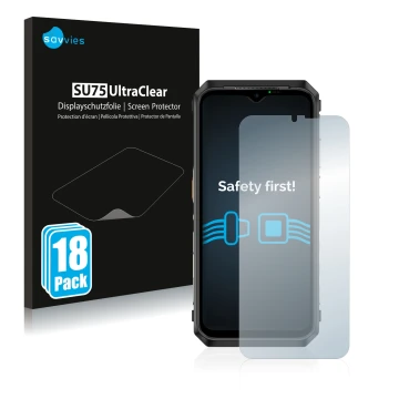 Vorderseite einer Produktverpackung mit dem Markenlogo Savvies. Daneben ist das Gerät Ulefone Power Armor 18T mit dem zugehöri