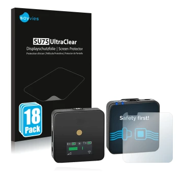 Vorderseite einer Produktverpackung mit dem Markenlogo Savvies. Daneben ist das Gerät Rode Wireless GO II mit dem zugehörigen 