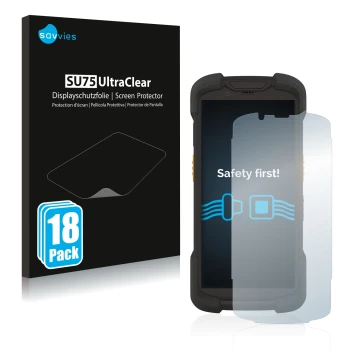 Vorderseite einer Produktverpackung mit dem Markenlogo Savvies. Daneben ist das Gerät Zebra TC73 mit dem zugehörigen Displaysc