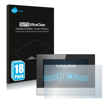 Vorderseite einer Produktverpackung mit dem Markenlogo Savvies. Daneben ist das Gerät Hikvision DS-KH6320-WTE2 (Innenstation) 